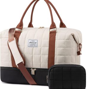 LOVEVOOK Large Duffle Bag for Travel, Puffer Weekender Bags for Women Travel Tote, Carry on Duffel Bag for Airplanes, 18 Inch Personal Item Bag Gym Bag Women, Black-White-Brown