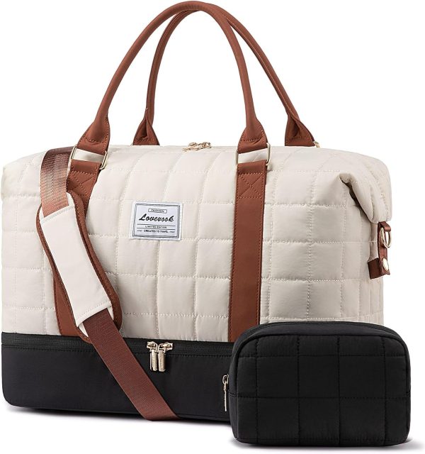 LOVEVOOK Large Duffle Bag for Travel, Puffer Weekender Bags for Women Travel Tote, Carry on Duffel Bag for Airplanes, 18 Inch Personal Item Bag Gym Bag Women, Black-White-Brown