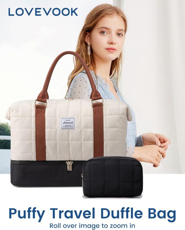 LOVEVOOK Large Duffle Bag for Travel, Puffer Weekender Bags for Women Travel Tote, Carry on Duffel Bag for Airplanes, 18 Inch Personal Item Bag Gym Bag Women, Black-White-Brown - Image 8